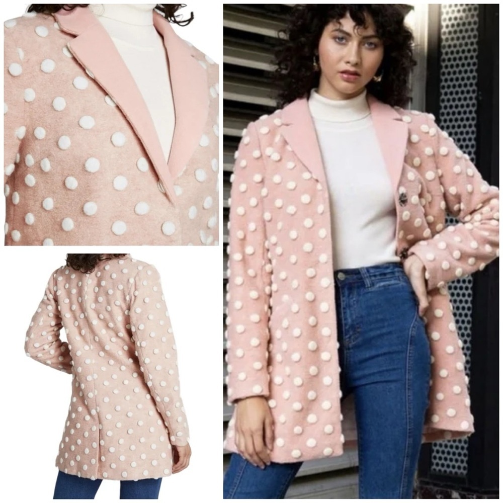 Modcloth Pink & White Salient Style Textured Polka Dot Wool Pea Coat Peacoat S​
